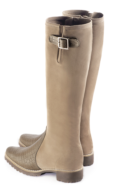 Bronze beige women's knee-high boots with buckles. Round toe. Flat rubber soles. Made to measure. Rear view - Florence KOOIJMAN
